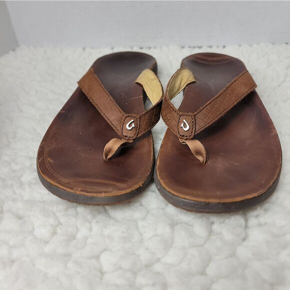 Oluka PUA-W Womens Flip Flops Beach Sandals Size 9 Brown Leather Shoes L - Picture 2 of 10